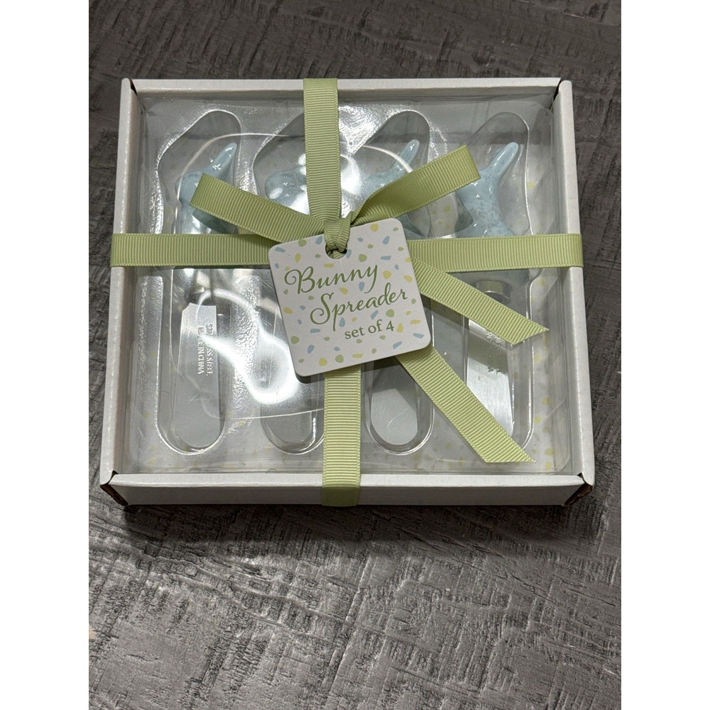 NIB Easter Bunny Spreader Set of 4 Blue Ceramic‎ Handles Stainless Steel Spring